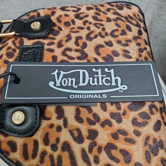 New VON DUTCH Leopard Pony Hair Bowling Bag Satchel Crossbody Handbag Black Logo - Picture 9 of 12